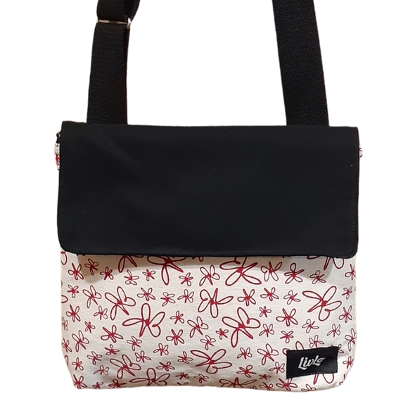 LivLo Designs Women's Messenger Crossbody Lined Bag Black White Red Ditsy Floral - Picture 2 of 7